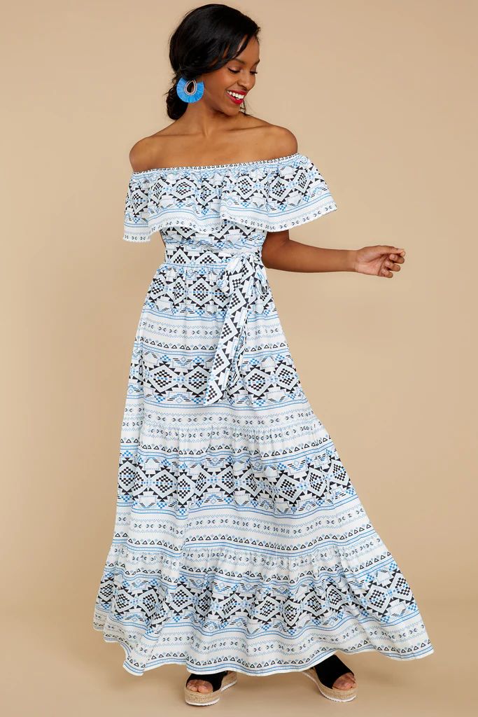 Buy A One Way Ticket Blue Print Off The Shoulder Maxi Dress | Red Dress 