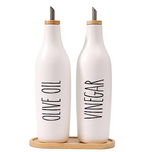 HOMCDALY Olive Oil and Vinegar Dispenser Set, 16oz Ceramic Oil Dispenser for Kitchen, Kitchen Dispenser Bottle for EVOO Vinegar Syrups, Modern Farmhouse Design | Set of 2 – P-White | Amazon (US)
