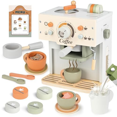 Dreamon Toy Coffee Maker for Kids Kitchen Set, Wooden Kitchen Accessories Pretend Play Toddler Coffee Playset, Kids Café Machine Birthday Gifts for Boys Girls Ages 3 4 5 6 Years | Amazon (US)