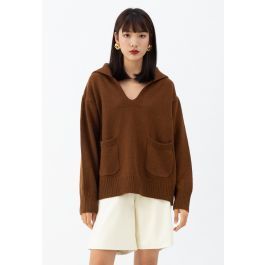V-Neck Flap Collar Pocket Sweater in Brown | Chicwish