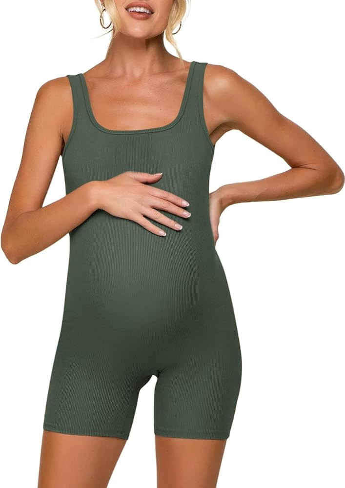 Maternity Bodysuit Pregnancy Shapewear Ribbed Square Neck Sleeveless Tank Top Shorts Romper Jumps... | Amazon (US)