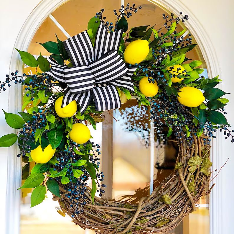 Summer Wreath Lemons & Berries with Black and White Striped Ribbon Front Door Cottage Farmhouse E... | Etsy (US)