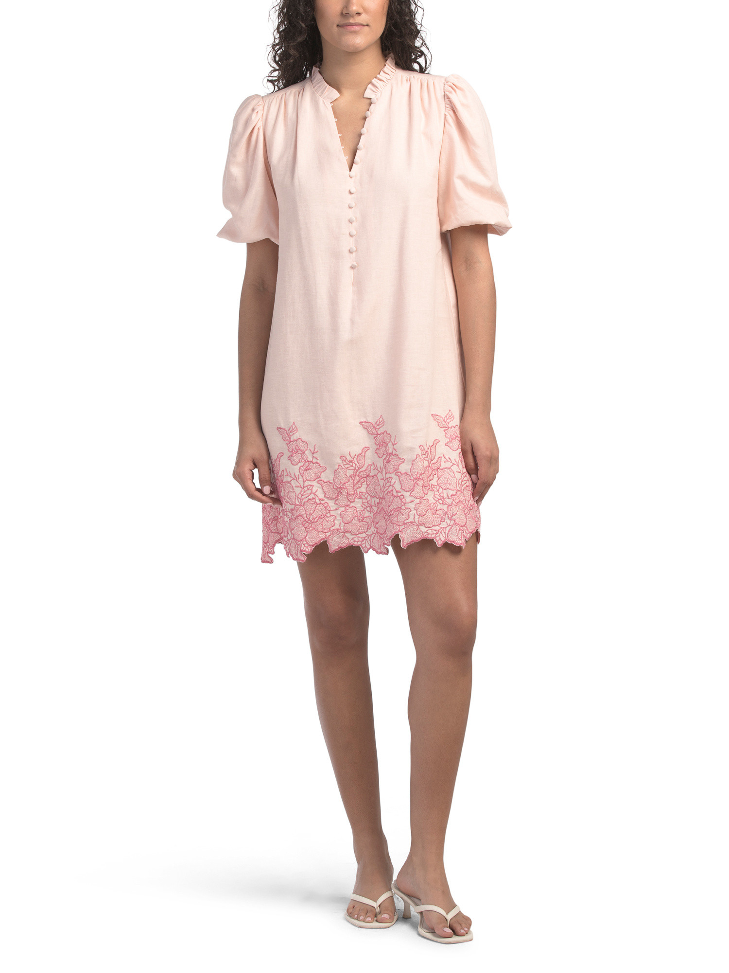 Linen Blend Split Neck Puff Sleeve Mini Dress | TJ Maxx