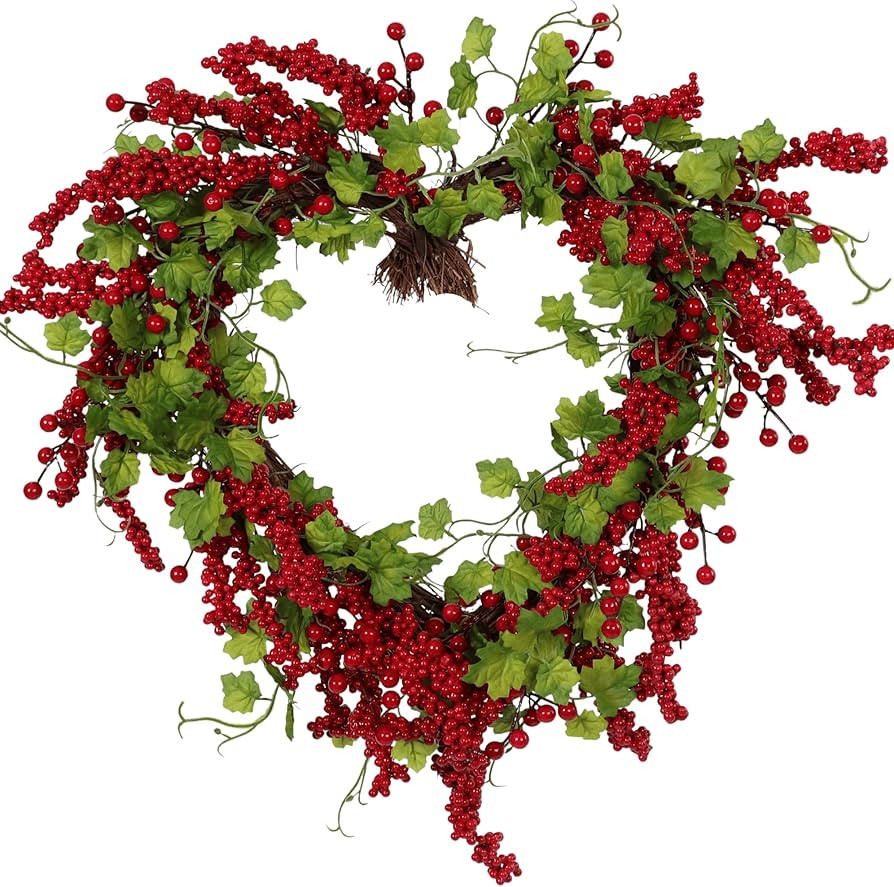 Valentines Day Wreath Heart Wreath with Red Berries Lush Green Ivy, Romantic Front Door Decoratio... | Amazon (US)