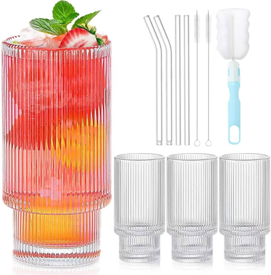 Catsayer Ribbed Glassware, Drinking Glasses with Straws Set of 4 Vintage Glassware Glass Cup Eleg... | Amazon (US)