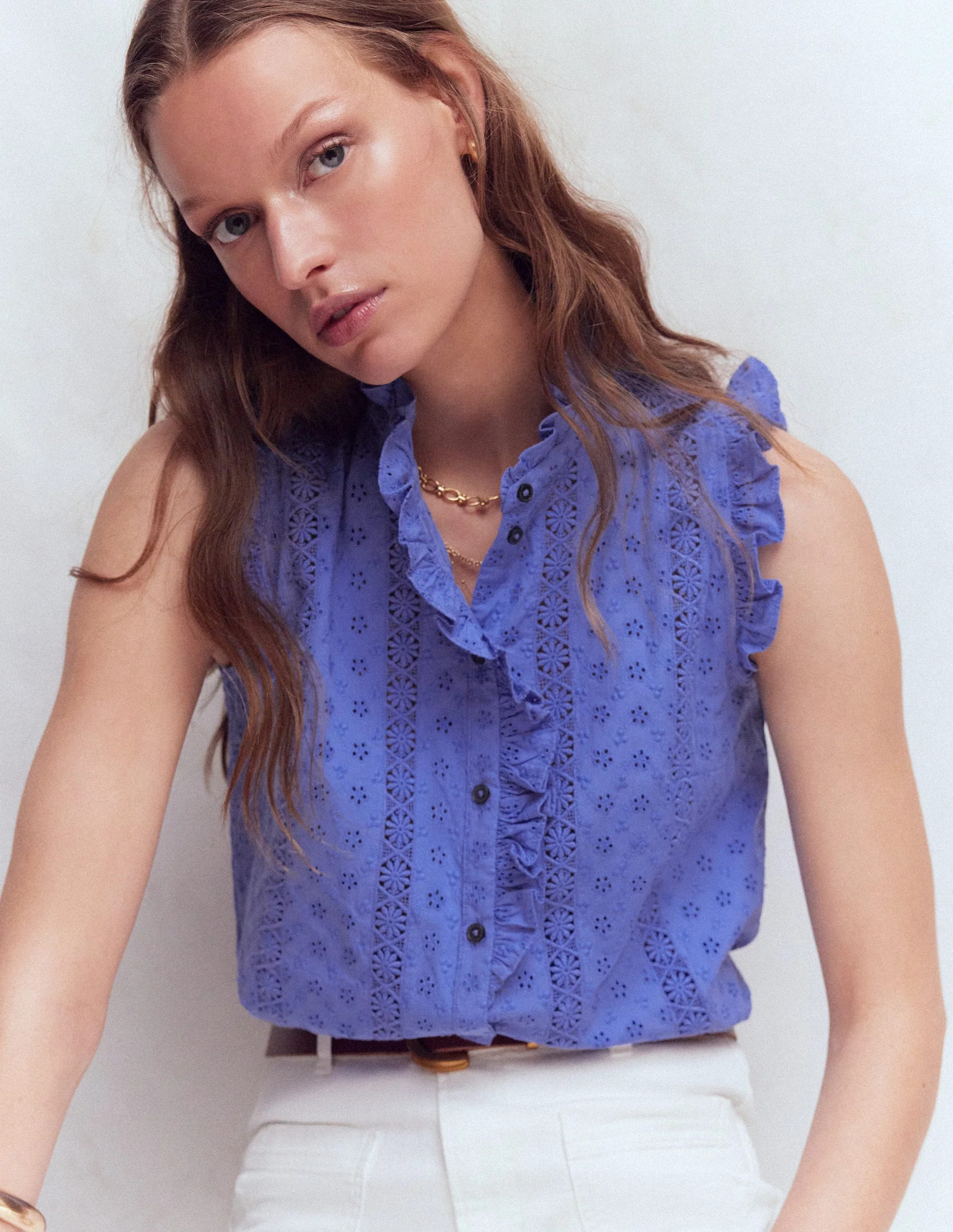 Isabel Sleeveless Broderie Top-Cornflower Blue | Boden (US)