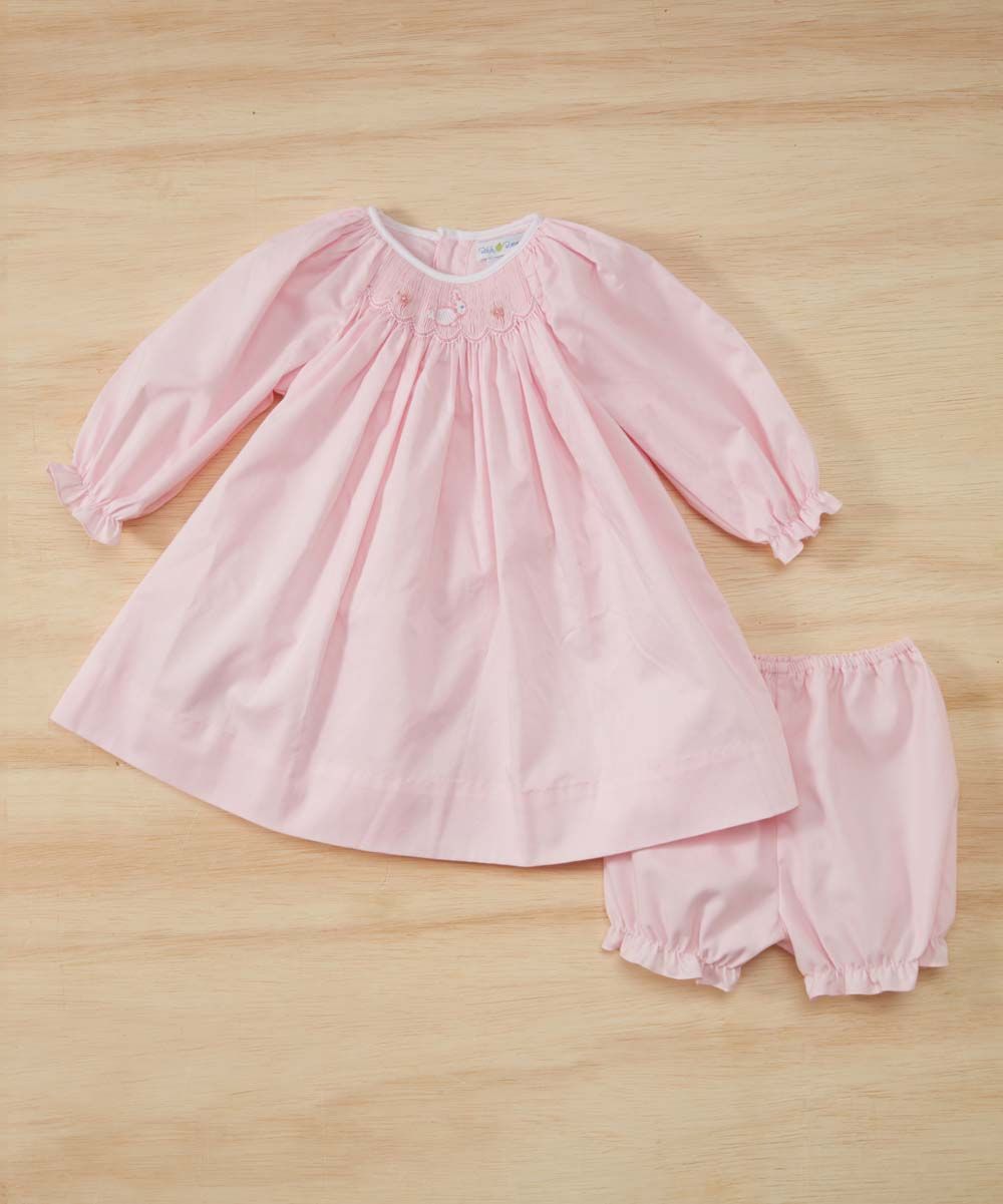 Petit Ami Girls' Casual Dresses PINK - Pink Bunny Smocked Long-Sleeve Dress & Bloomers - Infant & To | Zulily