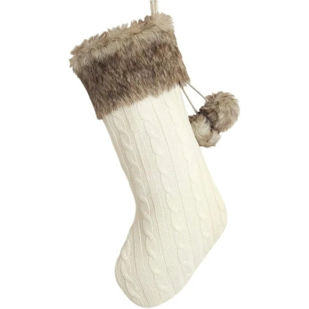 Ivory Cable Knitted Body, Faux Fur Cuff with Faux Fur Fluffy Pompom Ball Christmas Stocking, Xmas... | Walmart (CA)