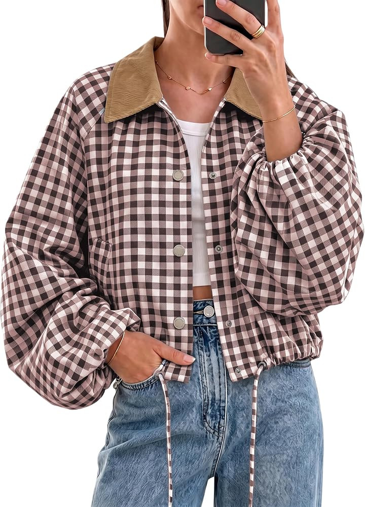 UANEO Women's Cropped Jacket Gingham Plaid Corduroy Collar Bomber Jacket | Amazon (US)