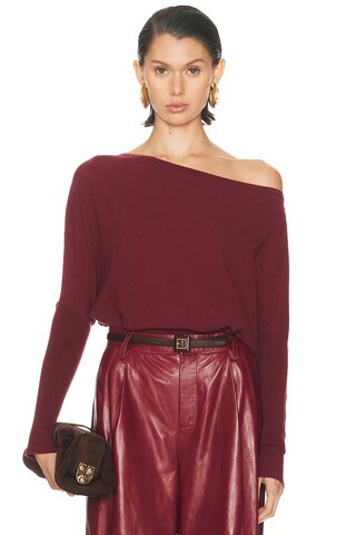 SIMKHAI Lavina Draped Off Shoulder Sweater in Burgundy | FWRD 
