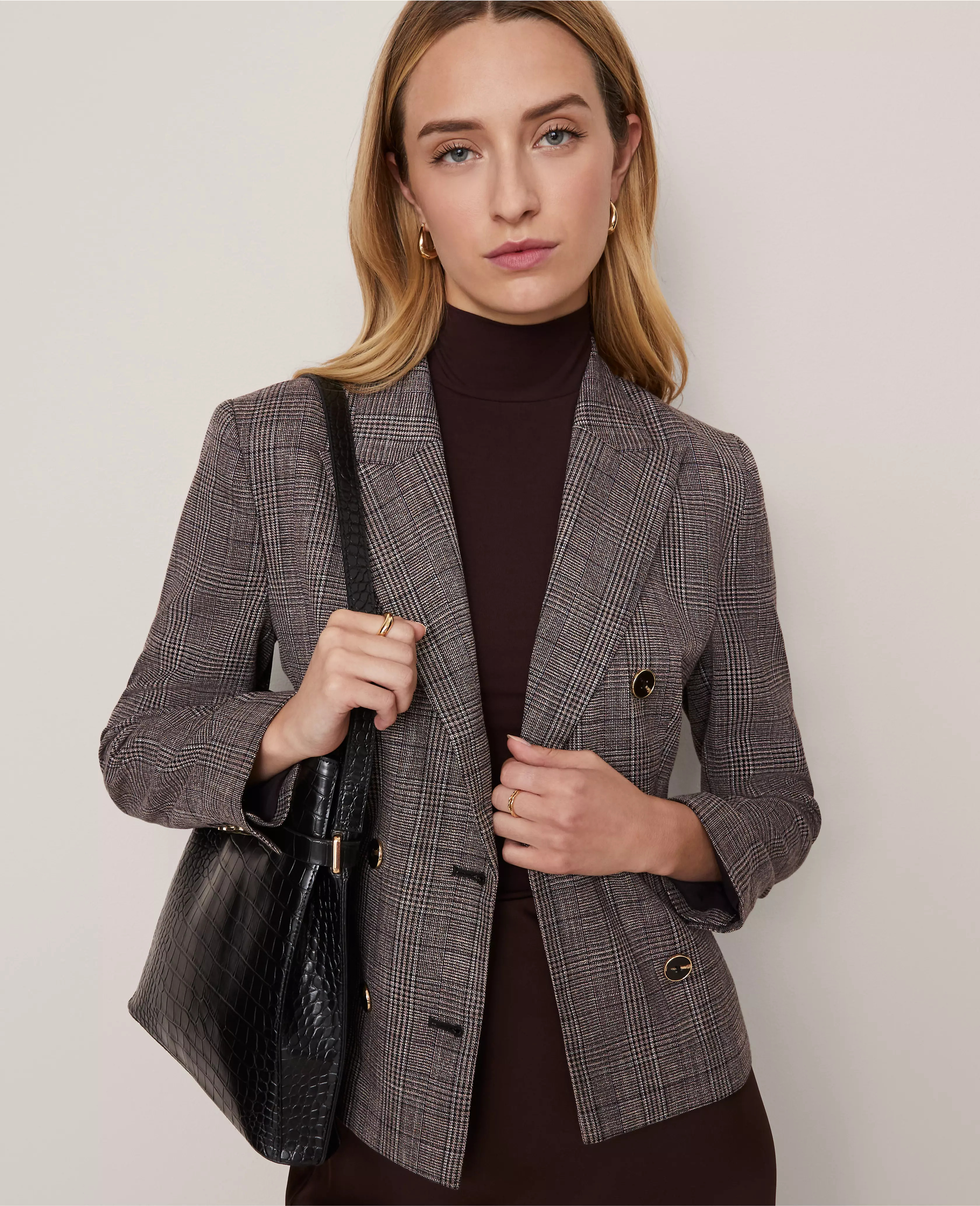 The Petite Fitted Double Breasted Blazer in Plaid | Ann Taylor