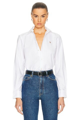 Polo Ralph Lauren Oxford Long Sleeve Button Up Shirt in White - White. Size 2 (also in 0). | FWRD 