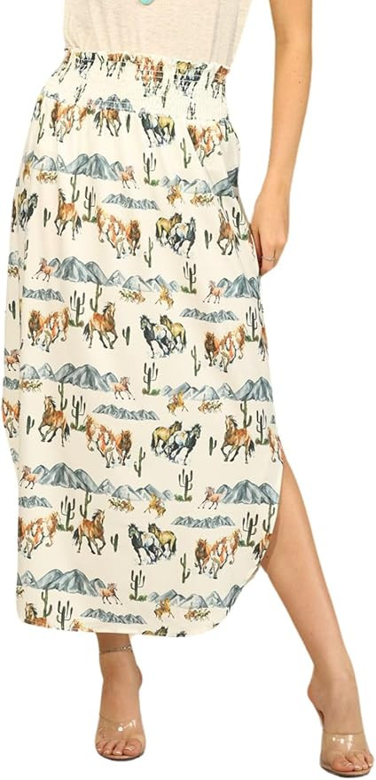 Womens Western Horse Desert Print Smock Waist Maxi Skirt Tribal Cowgirl Skirt Dress | Amazon (US)