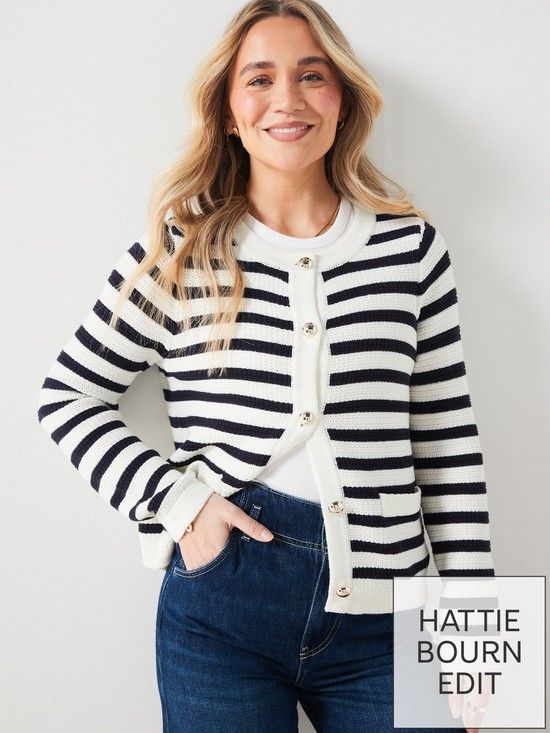 X Hattie Bourn Crew Neck Stripe Knitted Cardigan - Navy/White | Very (UK)