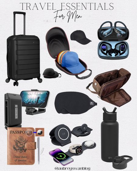 Travel essentials for Men! 

Travel finds for men, black suitcase, simple modern water bottle, passport holder, phone clip holder, toiletry bag, hat case holder, wireless earbuds