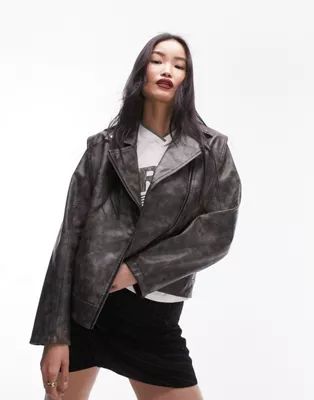 Topshop faux leather washed biker jacket in gray | ASOS | ASOS (Global)