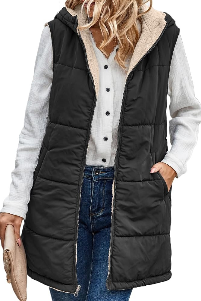 YAMTHR Women's Sleeveless Full-Zip Outerwear Long Vest Hooded Reversible Jacket | Amazon (CA)