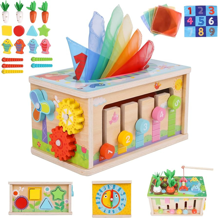 Ancaixin 6-in-1 Montessori Tissue Box Toy for 6+ Months Baby, Wooden Activity Cube, Puzzles 12-18... | Amazon (US)