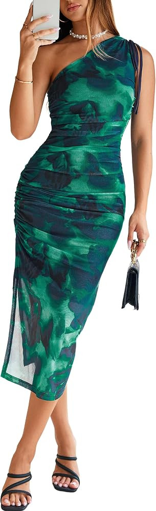BerryGo Women One Shoulder Bodycon Mesh Ruched Long Dress Summer Sexy Slit Floral Print Wedding G... | Amazon (US)