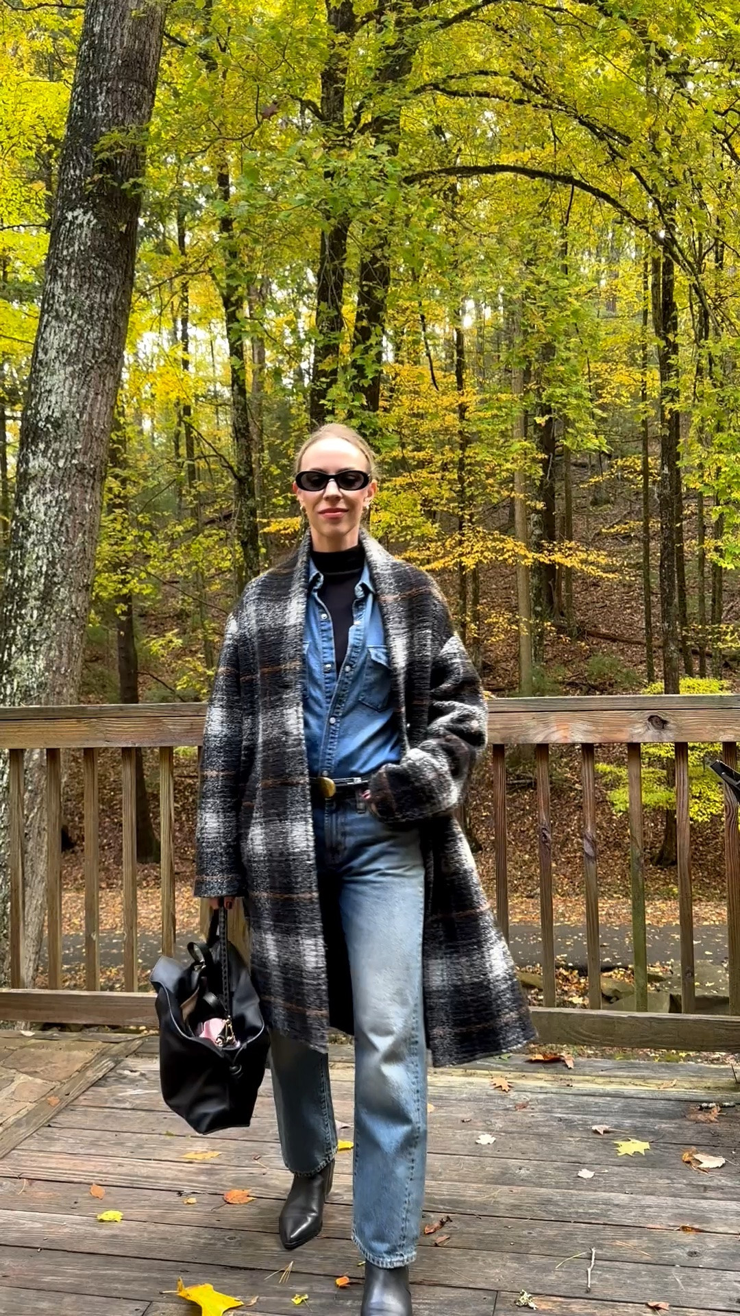 Plaid coat fall outfit, all denim outfit, metal plaque belt, black cowboy boots