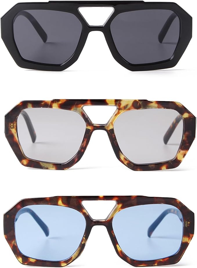Trendy Designer Oversize Square Aviator Sunglasses Women Men,Retro 70s Hexagon Thick Double Bridg... | Amazon (US)