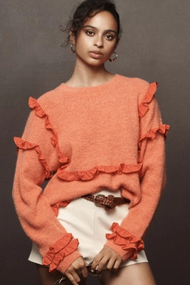 Self Contrast Crew-Neck Ruffle Sweater | Anthropologie (US)