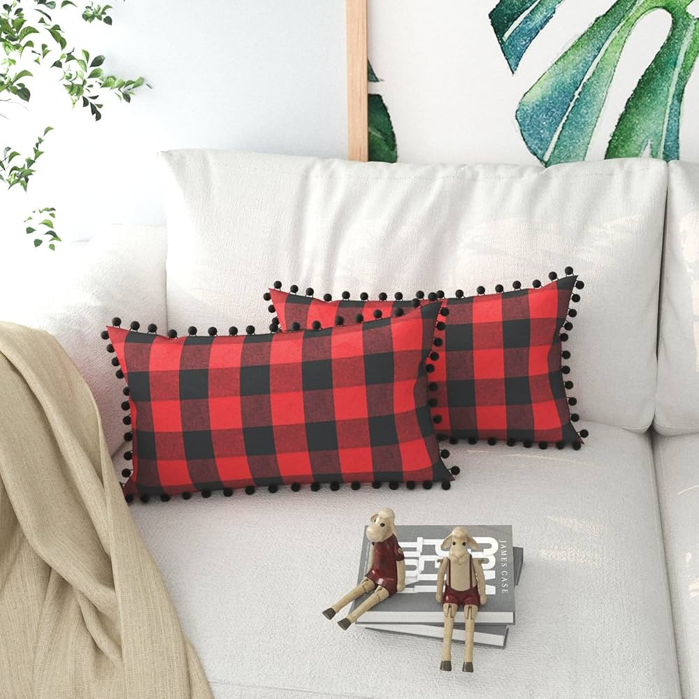 Amazon.com: Buffalo Check Throw Pillow Covers with Pom Poms Gingham Plaid 2 Pieces Cotton Retro F... | Amazon (US)