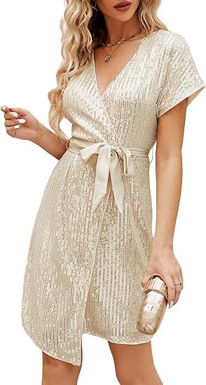 JASAMBAC Women's Sequin Dress Sparkly Glitter Short Sleeve V Neck Bodycon Dress Sparkle Party Dis... | Amazon (US)