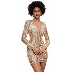 Miss ord Women's V-Neck Long Sleeve Sexy Mini Dress, Bodycon Sequin Summer Party Cocktail Dress | Amazon (US)