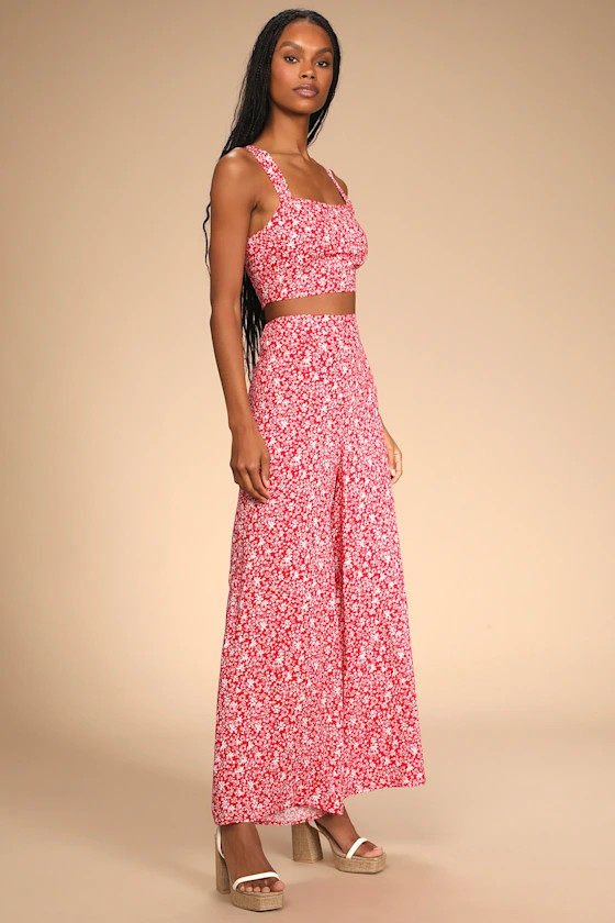 Lucky Us Red Floral Print Two-Piece Wide-Leg Jumpsuit | Lulus (US)