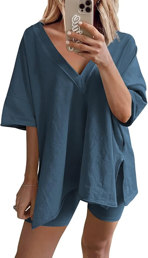 Ailoqing 2 Piece Outfits for Women Summer Oversized V Neck T Shirt Biker Short Sets Hot Shot Reve... | Amazon (US)