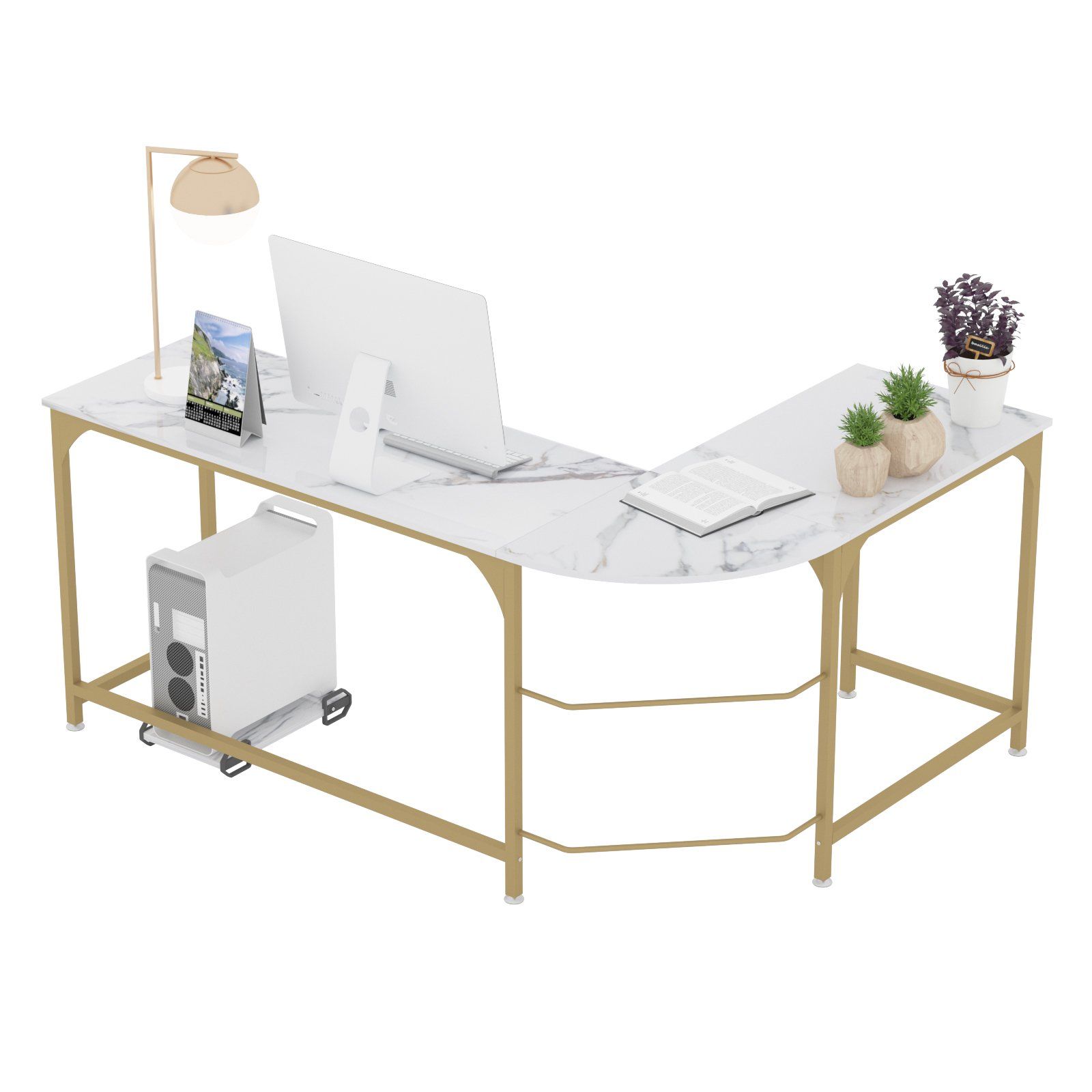Cheerwing Adult Modern L-Shape Portable Computer Desk with Tabletop, White/Gold - Walmart.com | Walmart (US)