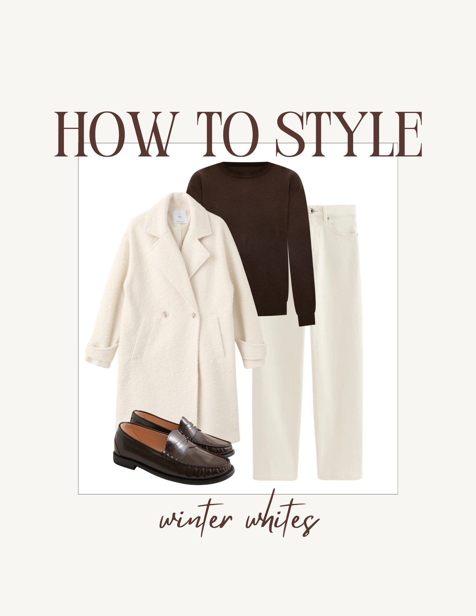 How to style a white coat for the winter. I would pair it with white jeans, a brown sweater, and brown loafers  

#LTKgrwm #LTKootd #LTKSeasonal
