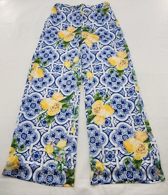 Boston Proper Womens XS Flora Tiles Lemon Parisian Flowy Satin Palazzo Pants  | eBay | eBay US