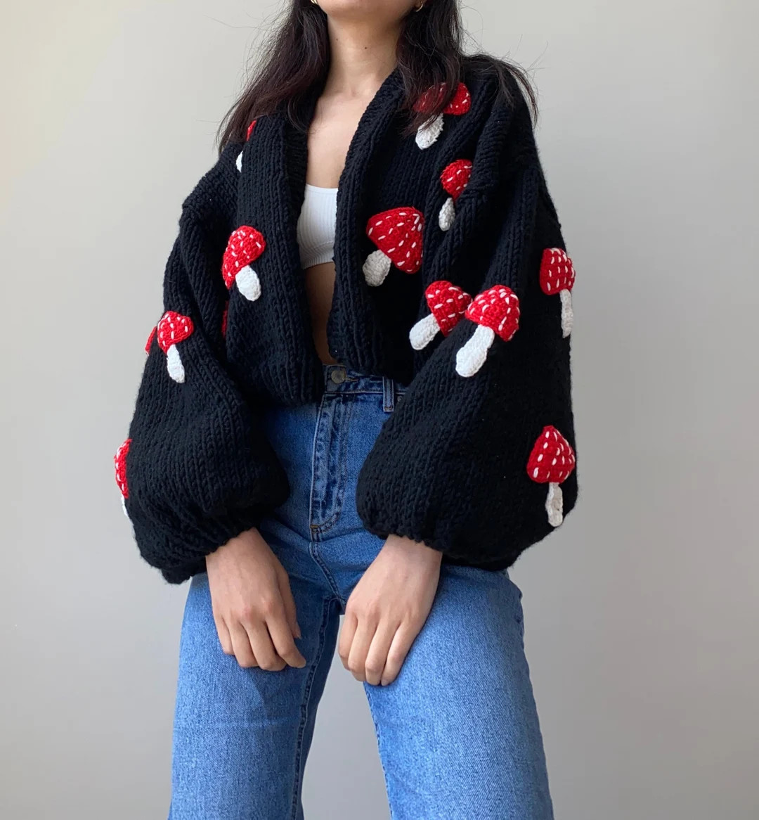 Hand Knit Chunky Mushroom Cardigan,Soft  Women Sweater,Handmade Crop Knit Outfit,Gift for her,Y2k... | Etsy (US)