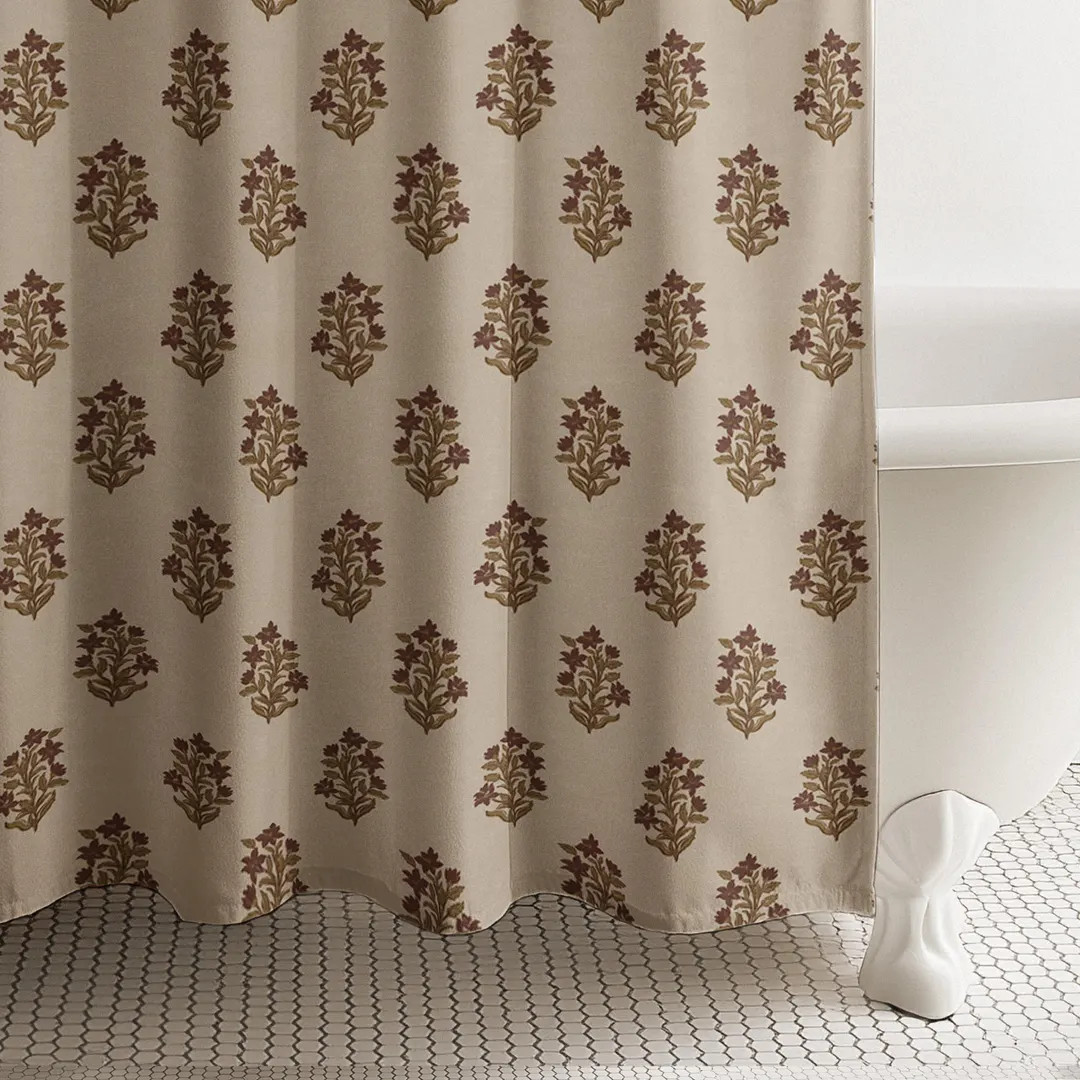 Vintage Floral Shower Curtain, Neutral Block Print Cotton, Botanical French Country Bathroom Deco... | Etsy (US)
