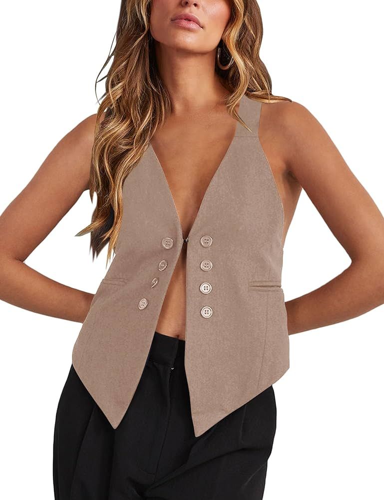 Floral Find Women's Casual Versatile Button Up Sleeveless Vest Sexy V Neck Jacket Waistcoat | Amazon (US)