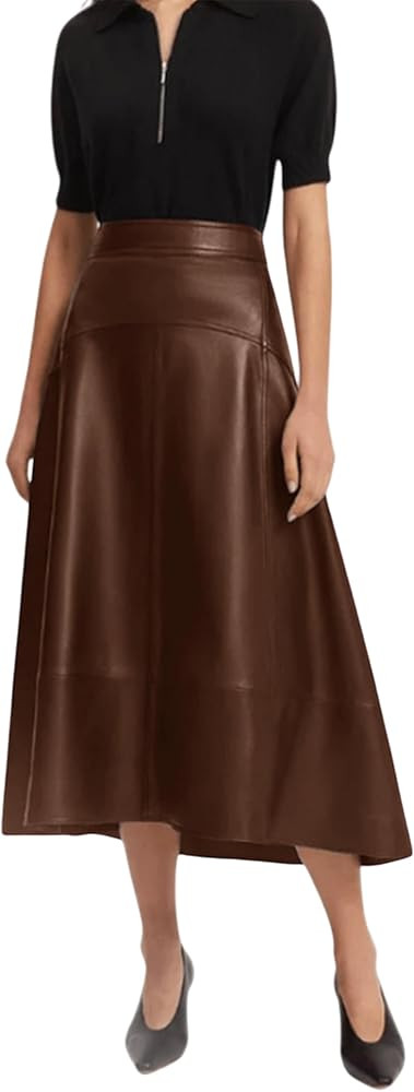 Jild Real Lambskin Leather Skirts for Women High Waist Classical Mid Length Going Out Skirt with ... | Amazon (US)
