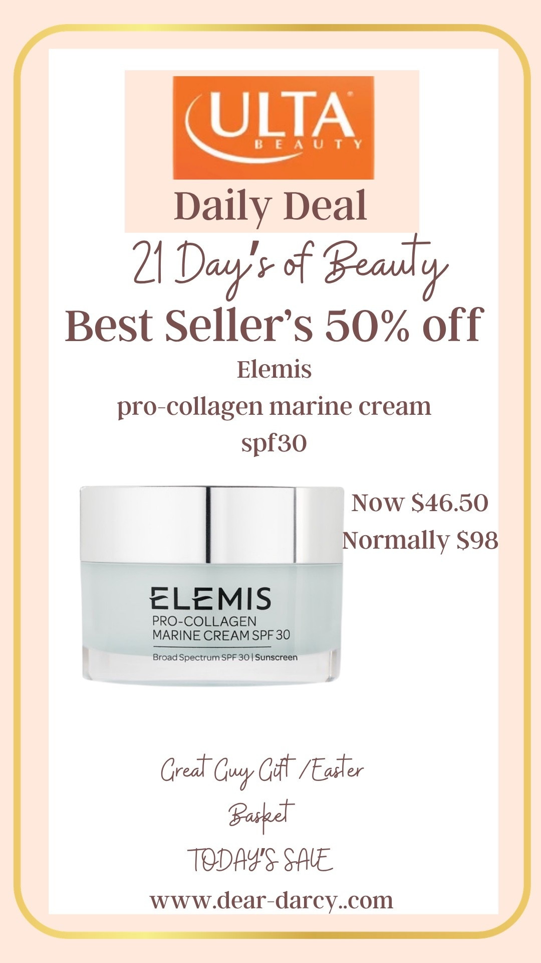 Ulta 
21 days of Beauty 50% off regular price!

Now’s, the time to grab deals on items  that you rarely see on sale.

Today my picks are 

Elemis Pro collagen Marine cream with spf 30

Now $46.50
Was $96

#LTKselfcare #LTKSaleAlert #LTKBeauty