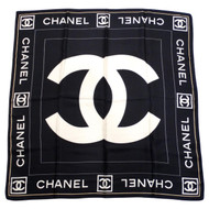 Vintage Chanel Black & White Silk Interlocking CC Logo Scarf