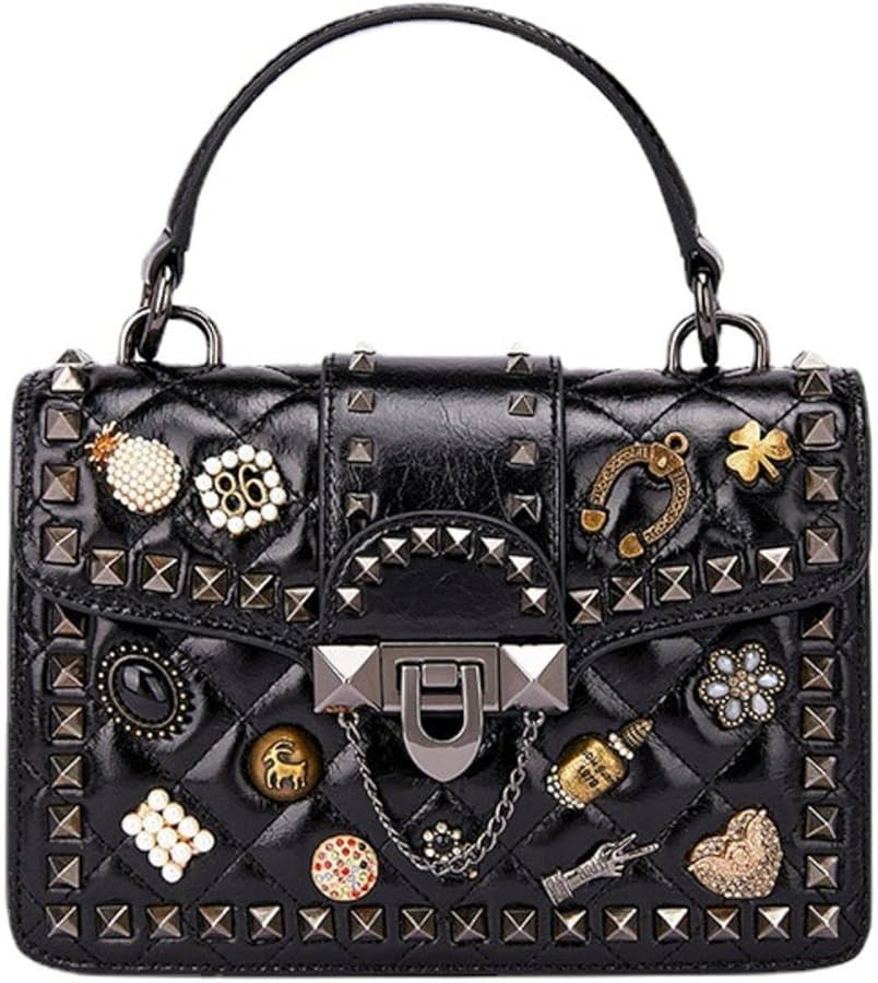 Women's Rivet Purse Genuine Leather Crossbody Bag Designer Handbag with Flap Lock and Strap | Amazon (US)