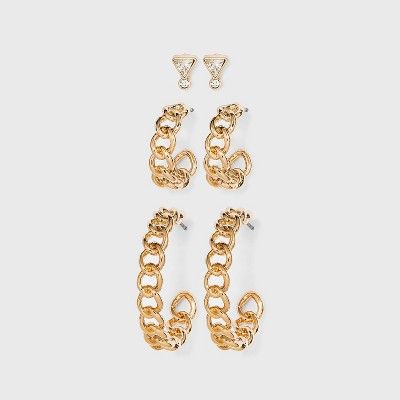 Stud and Frozen Chain Hoop Trio Earrings - A New Day™ Gold | Target
