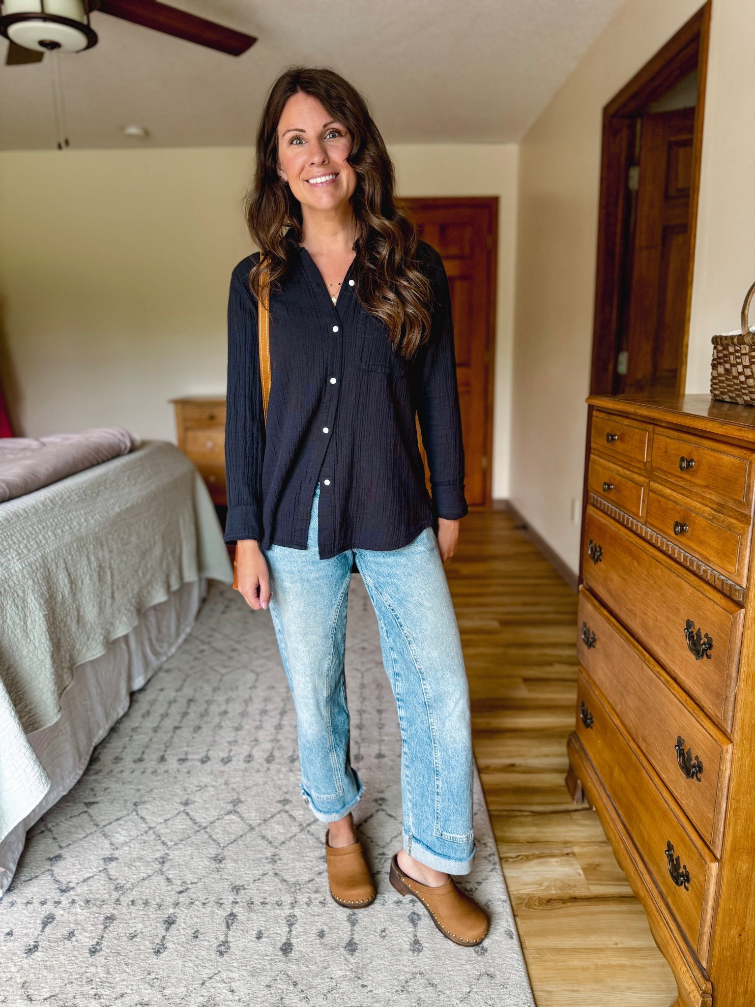 Wearing xs in my cotton top (I also own in green—love it!) and 24 short in my jeans (short isn’t available anymore). My clogs fit true to size 🤎

#LTKSeasonal #LTKPetite #LTKgrwm