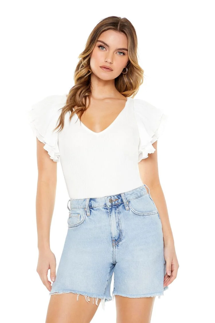 Women's Ribbed Ruffle-Sleeve Bodysuit in White Medium | Forever 21