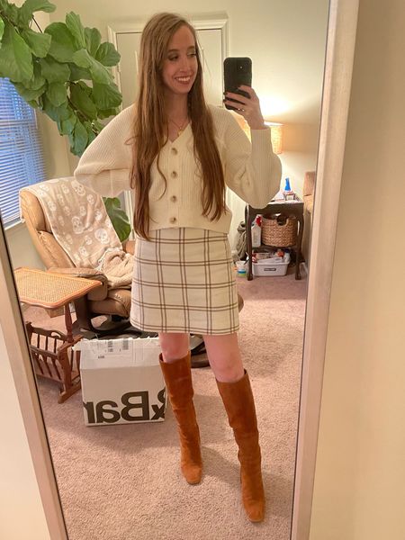 Thanksgiving outfit idea! Skirt is TTS, I’m wearing a 2 
.
Ivory cardigan camel knee high suede boots 

#LTKfindsunder50 #LTKstyletip #LTKshoecrush