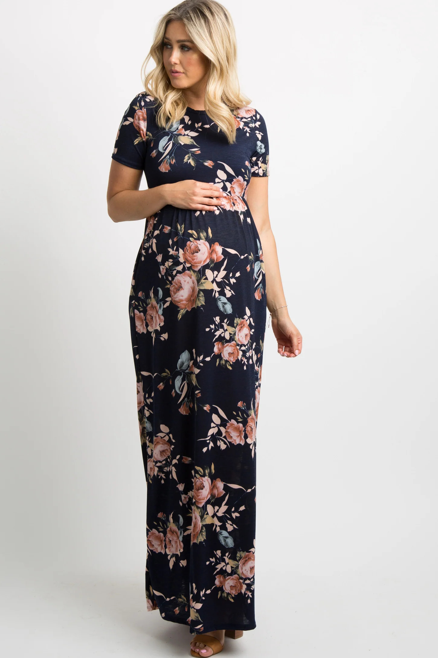 Navy Blue Rose Print Short Sleeve Maternity Maxi Dress | PinkBlush Maternity