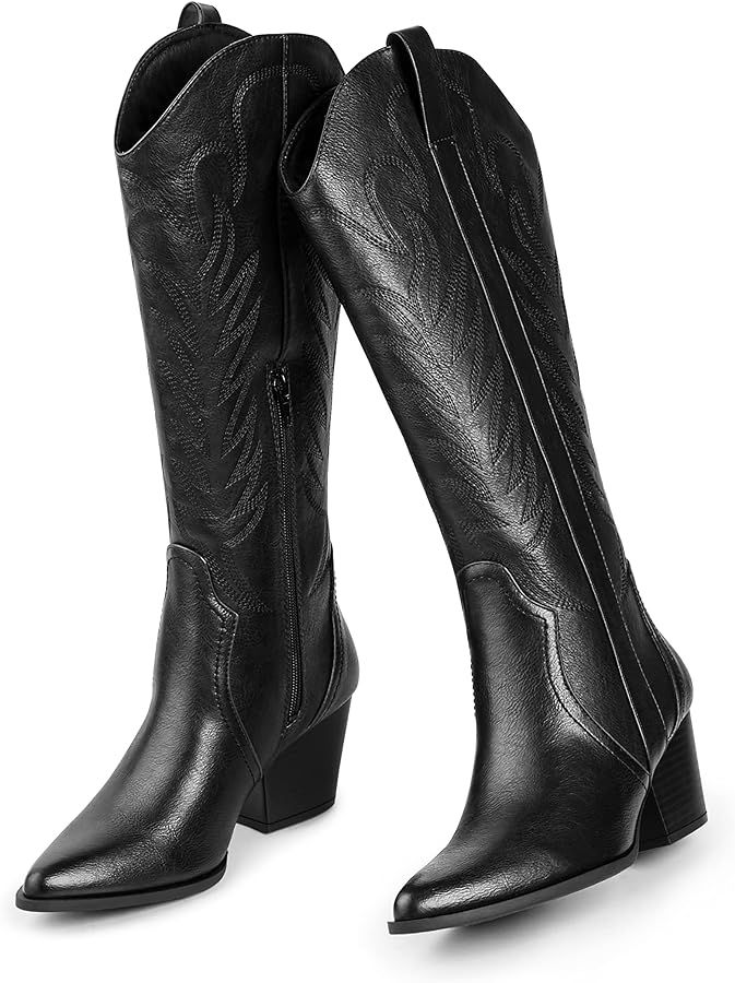 Amazon.com: Arromic Black Cowboy Boots for Women, Western Cowgirl Boots for Women Knee High Tall ... | Amazon (US)