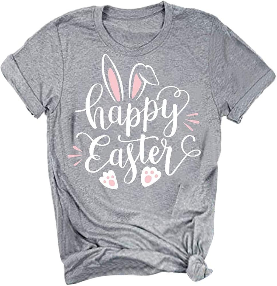 ZEFOTIM Easter Shirts for Women,Summer Cute Letter Print Easter Tops Blouse Casual Short Sleeve O... | Amazon (US)