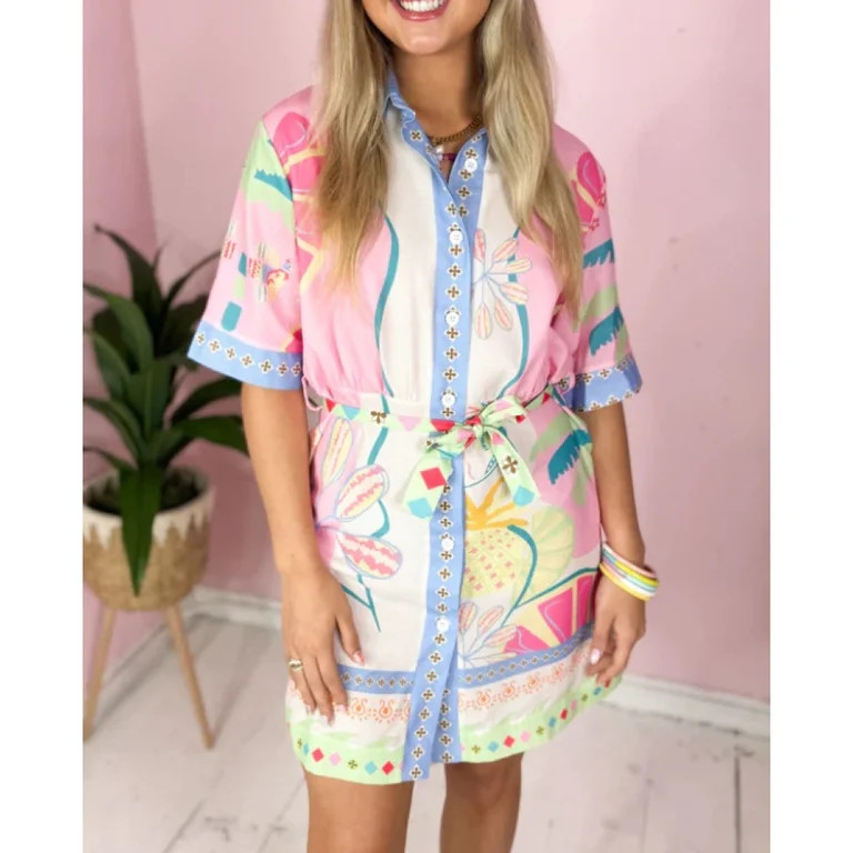 Women's Cotton Linen Floral Print Tie Waist Short Sleeve Vacation Dress | Walmart (US)