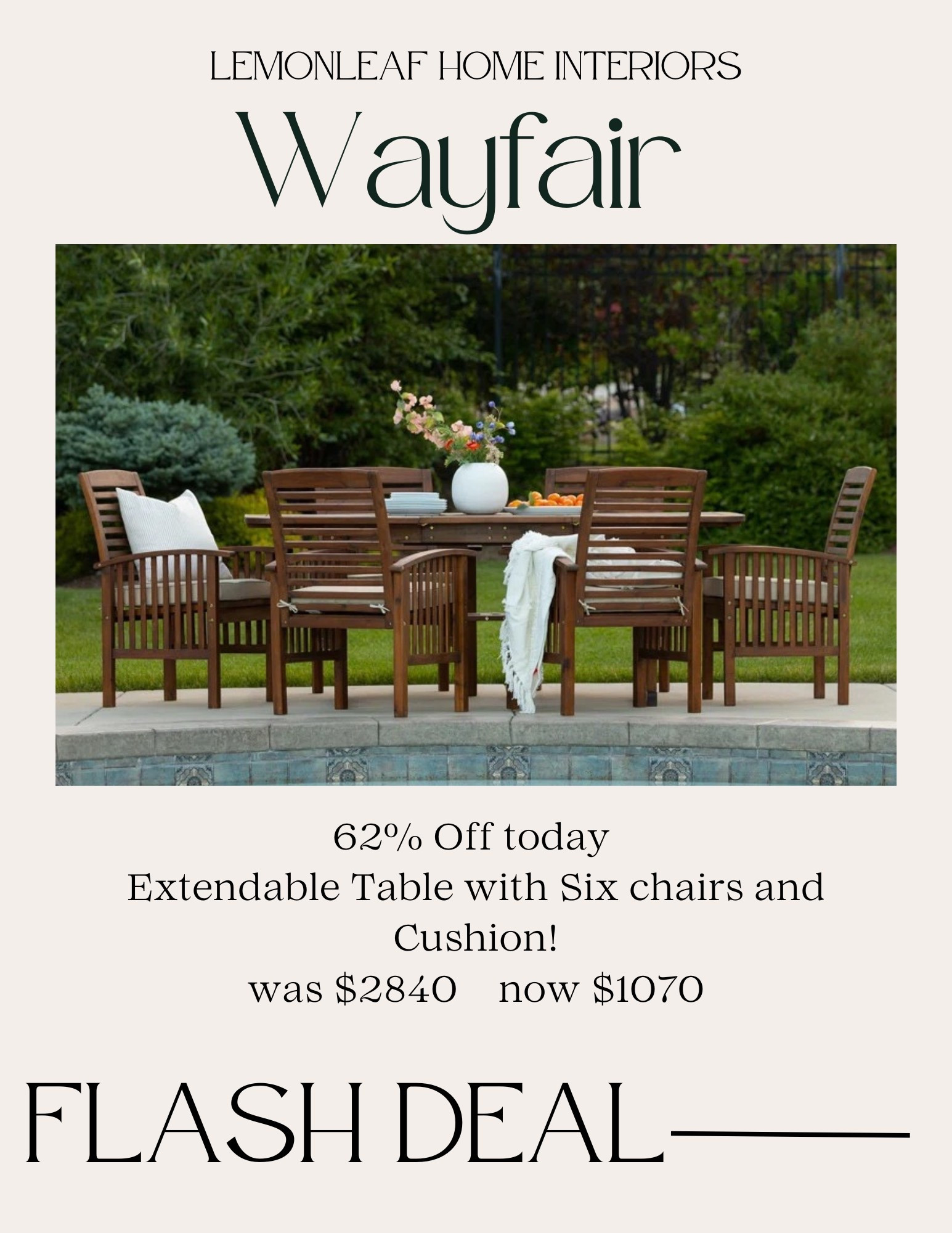 62% OFF Grab the Memorial Day deal on this seven piece outdoor dining set! Extendable table with six chairs and cushions from Wayfair 


#LTKSeasonal #LTKSaleAlert #LTKHome